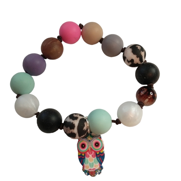 Handmade stretch bracelet silicone balls with owl charm - Picture 2 of 3